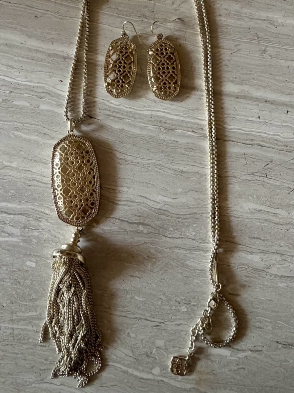 Kendra Scott Elle Drop Earrings & Tassel Necklace in Gold Filigree